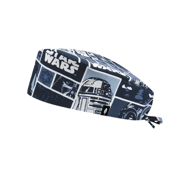 Gorro quirúrgico de pelo corto de la colección CINE, con diseño de Star Wars y personajes como R2-D2, fabricado en algodón por Robin Hat.