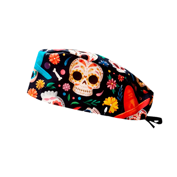 Gorro quirúrgico de pelo corto de la colección HALLOWEEN, inspirado en el Día de los Muertos, con calaveras y flores coloridas, fabricado en algodón por Robin Hat.