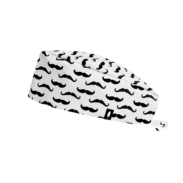 Gorro quirúrgico Movember con diseño de bigotes negros con fondo blanco, hecho de poliéster transpirable.