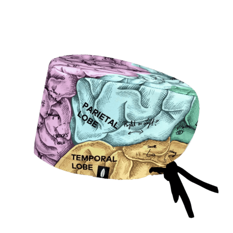 Gorro quirúrgico Brain con diseño de lóbulos cerebrales en tonos pastel, fabricado en poliéster transpirable.