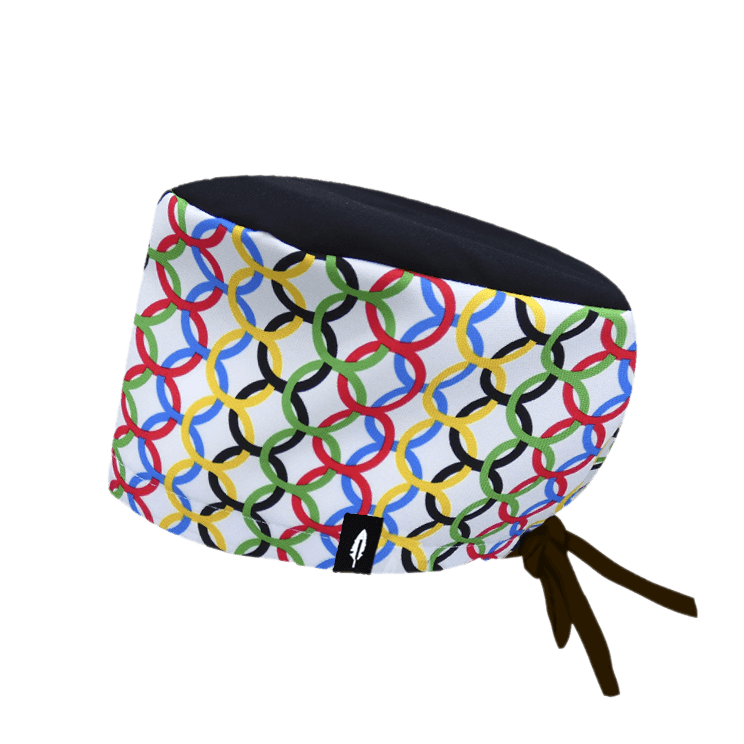 Gorro quirúrgico COUBERTIN con estampado de aros olímpicos, inspirado en los colores y símbolos deportivos internacionales.