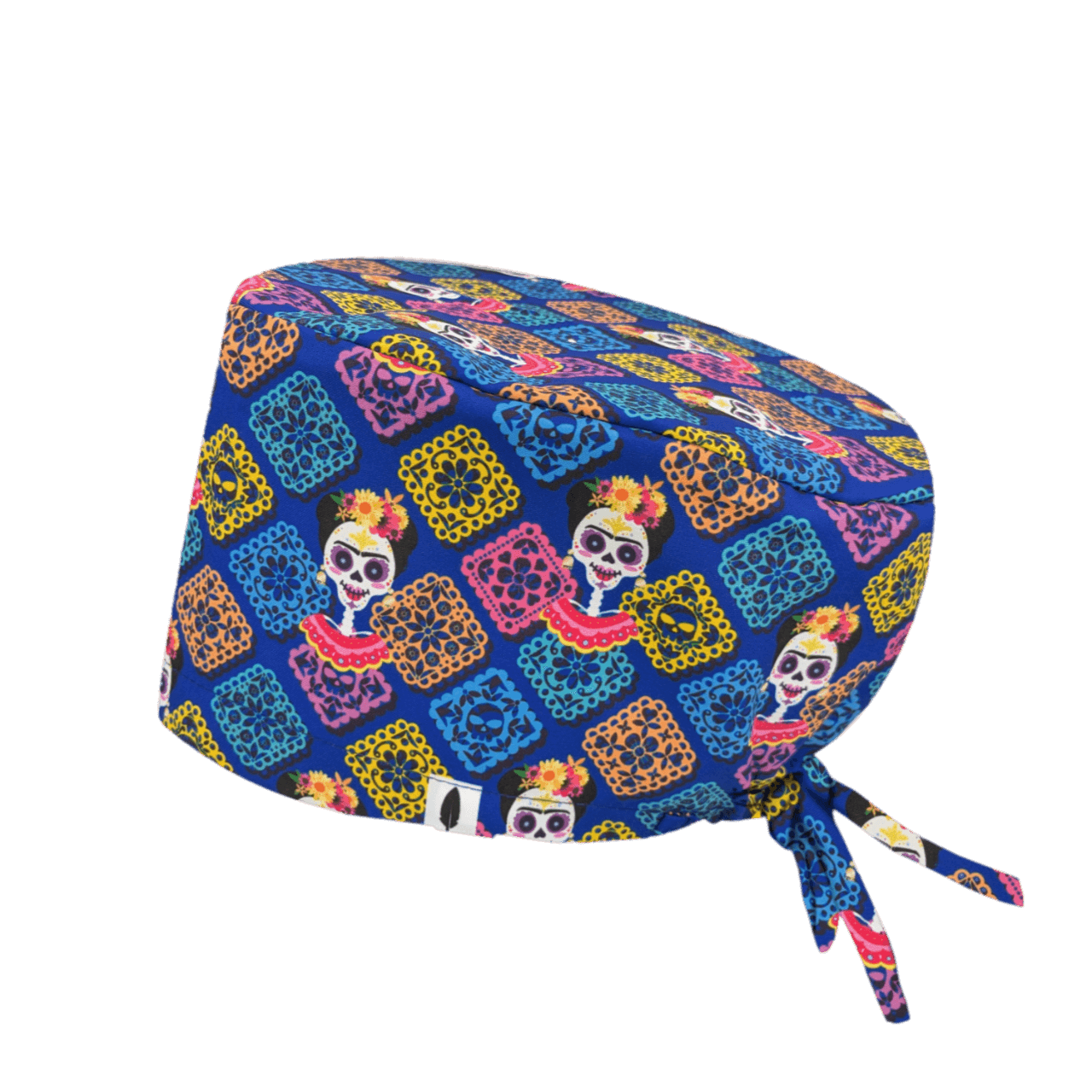 Gorro quirúrgico de poliéster en azul con diseño de catrinas estilo Frida Kahlo y calaveras coloridas, flores y patrones festivos inspirados en el Día de los Muertos.