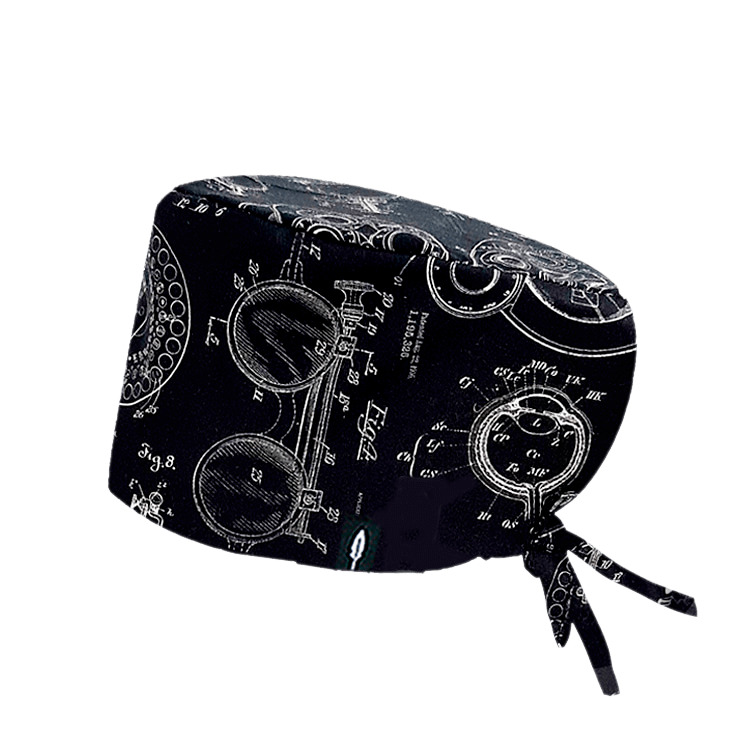 Gorro quirúrgico Optic con diseño de instrumentos oftalmológicos en fondo negro, fabricado en poliéster transpirable.