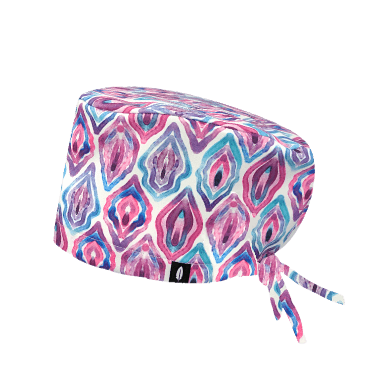 Gorro quirúrgico Vulva con diseño colorido inspirado en la anatomía femenina, fabricado en poliéster transpirable, estilo pintura.