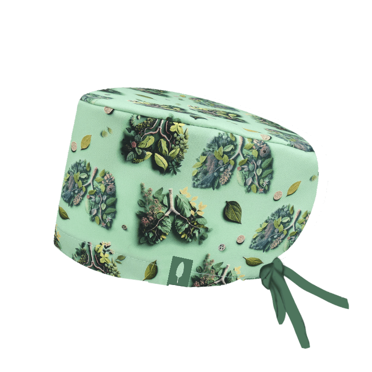 Gorro de Quirófano con flores en forma de pulmón de color verde.