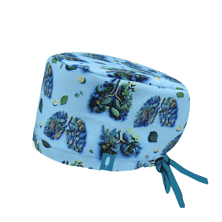 Gorro de Quirófano con flores en forma de pulmón de color azul.