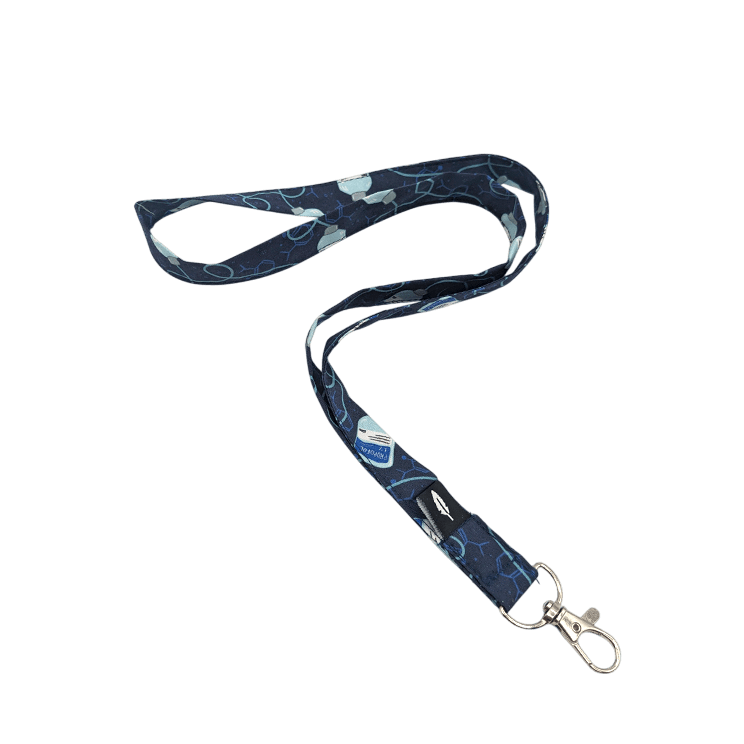 Lanyard ANESTESIA de Robin Hat con estampado y dibujos de Pr0p0fol sobre fondo azul. Ideal para profesionales anestesistas