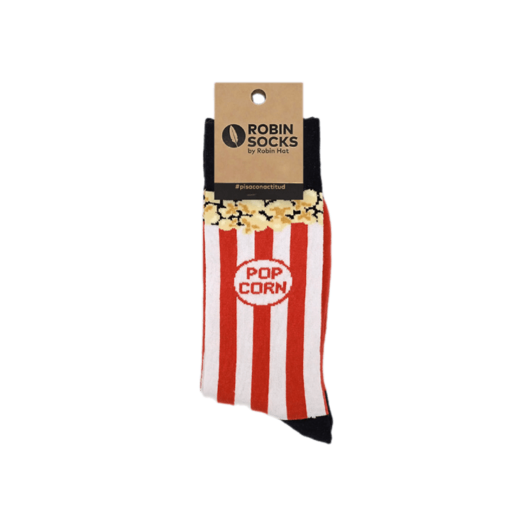 Calcetín de media caña POP CORN con diseño vibrante de palomitas, perfecto para añadir un toque cinéfilo a tu vestimenta.