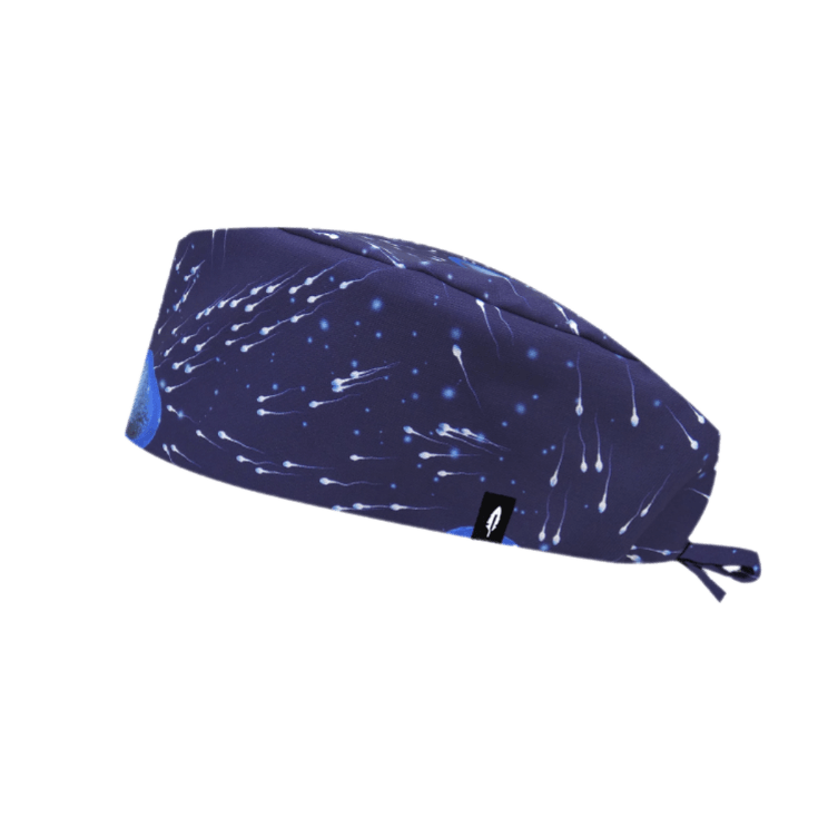 Gorro de quirófano VIDA de Robin Hat, con un diseño que representa la creación de vida, ideal para ginecólogos y profesionales de la fertilidad.