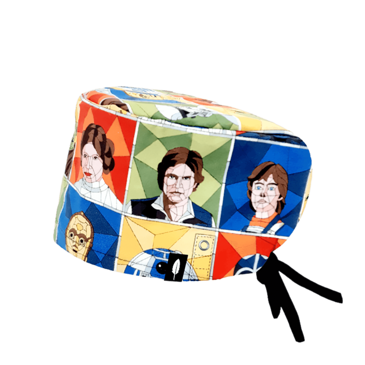 Gorro de quirófano de pelo largo Star Wars Vitrail de Robin Hat, con diseño de estilo vitral y personajes icónicos de la saga multicolor. Equipado con tecnología Click & Mask, hecho de algodón.