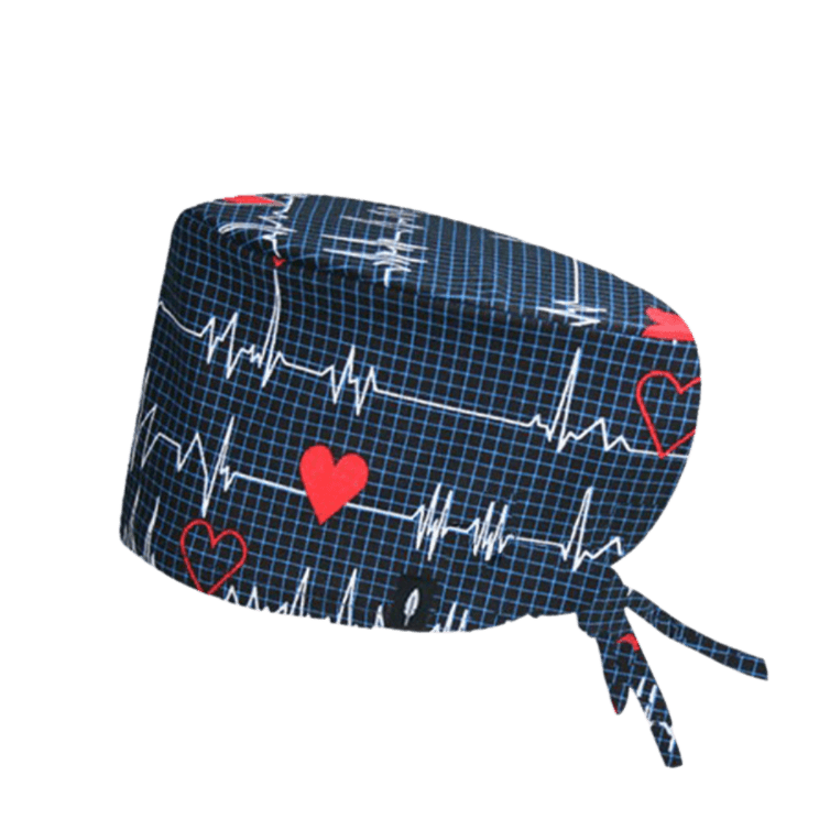 Gorro quirúrgico de pelo largo ELECTROCARDIOGRAMA, con un diseño que presenta líneas de ECG y corazones sobre un fondo azul oscuro.