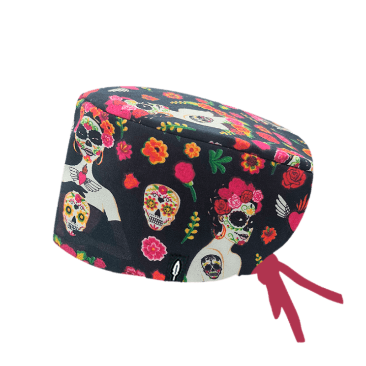 Gorro de quirófano de pelo largo Catrinas Mexicanas de Robin Hat, con un diseño colorido de calaveras y flores, inspirado en el Día de los Muertos, hecho de algodón.