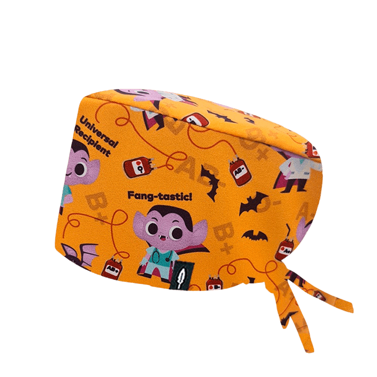 Gorro quirúrgico DRÁCULA de Robin Hat en poliéster, con estampados divertidos de vampiros y grupos sanguíneos, ideal para Halloween.