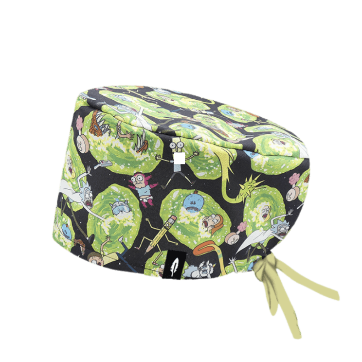 Gorro de quirófano de pelo largo Rick y Morty de Robin Hat, con diseño de portales y personajes icónicos de la serie, hecho de algodón.