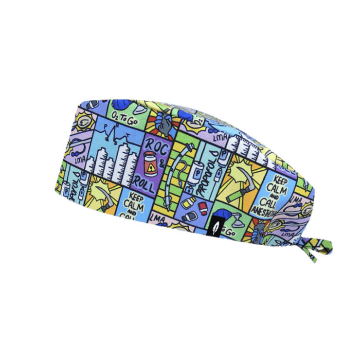 Gorro de quirófano PR0P0F0L de Robin Hat, con un divertido diseño sobre la anestesiología, ideal para anestesiólogos.