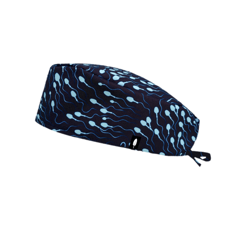 Gorro de quirófano RUN de Robin Hat, con estampado de espermatozoides en fondo azul, ideal para profesionales de ginecología.