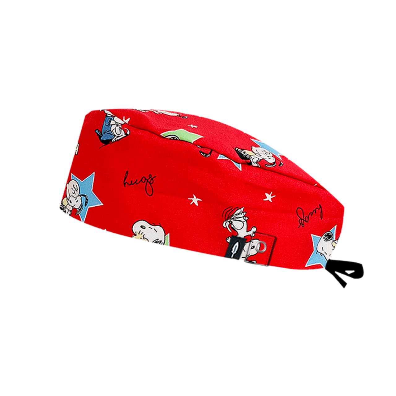 Gorro de quirófano Snoopy Hugs para pelo corto con fondo rojo y diseño de abrazos de Snoopy, ideal para profesionales del sector sanitario.