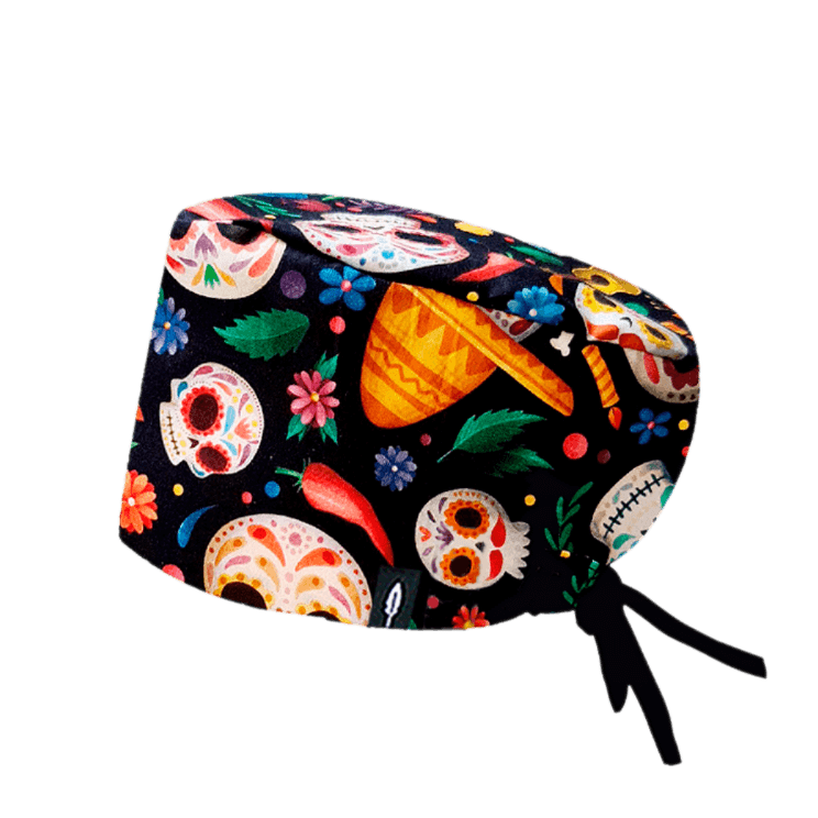 Gorro de quirófano de pelo largo Catrina de Robin Hat, con diseño colorido de calaveras y sombreros inspirado en el Día de los Muertos, hecho en algodón.