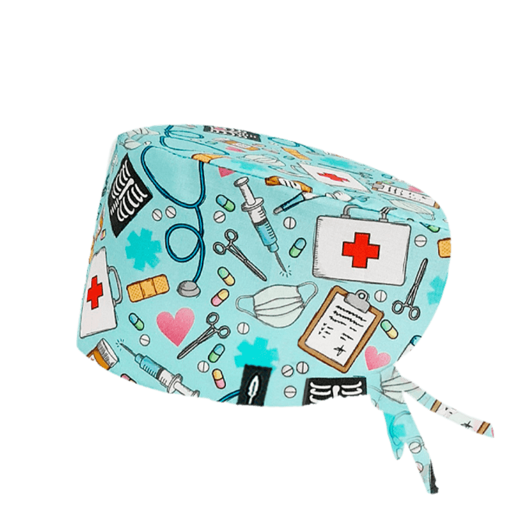 Gorro quirúrgico de pelo largo MEDICAL con un colorido estampado de instrumentos médicos, hecho de algodón suave y cómodo para largas jornadas de trabajo.