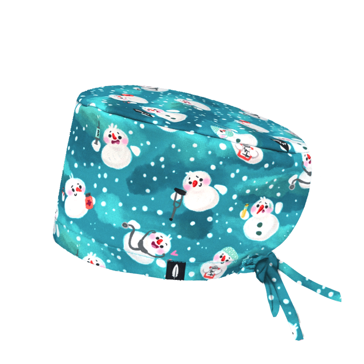 Gorro quirúrgico MUÑECOS DE NIEVE de Robin Hat, con muñecos de nieve y equipo médico sobre fondo azul