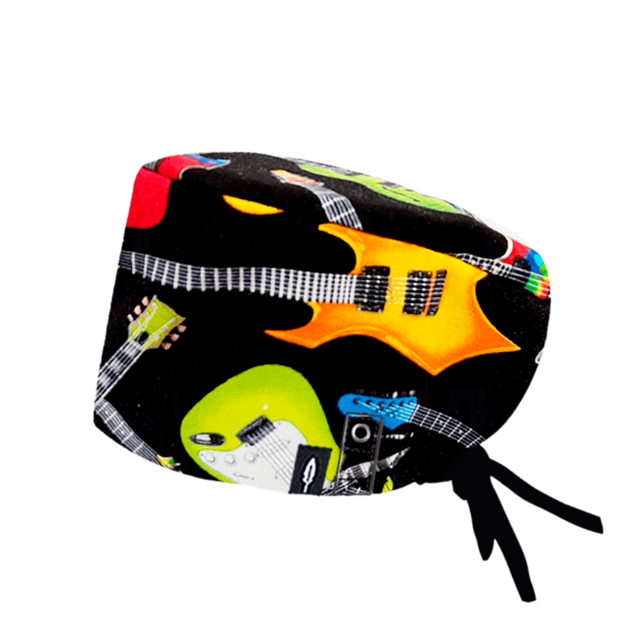 Gorro de quirófano GUITAR HERO de Robin Hat, con diseño de guitarras eléctricas en diferentes colores sobre fondo oscuro. Fabricado en algodón con sistema Click & Mask.