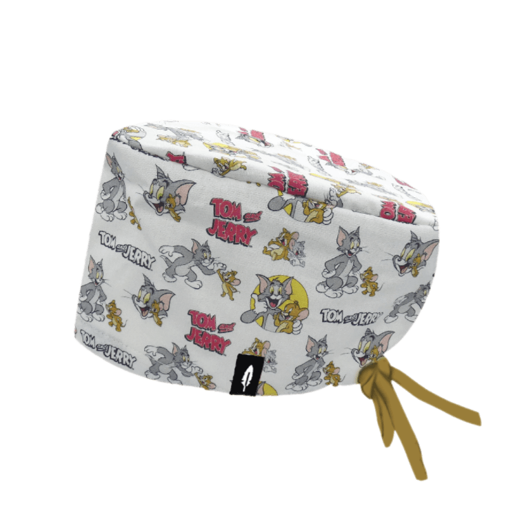 Gorro quirúrgico de pelo largo Tom y Jerry de Robin Hat, con los personajes clásicos de la serie animada, fondo blanco y hecho de algodón.