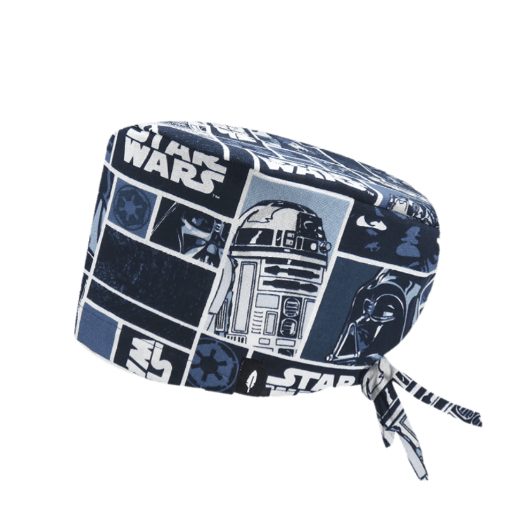 Gorro de quirófano de pelo largo Star Wars de Robin Hat, con diseño de personajes icónicos de la saga como R2-D2 y Darth Vader, hecho de algodón.