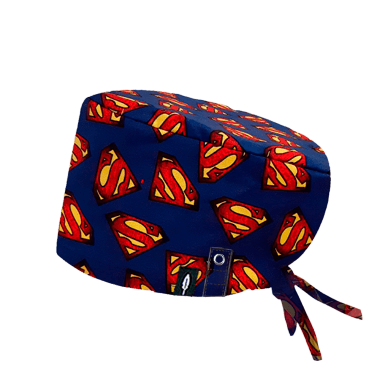 Gorro de quirófano de pelo largo Superman de Robin Hat, con el diseño del emblema icónico y tecnología Click & Mask para sujeción de mascarillas, hecho de algodón.