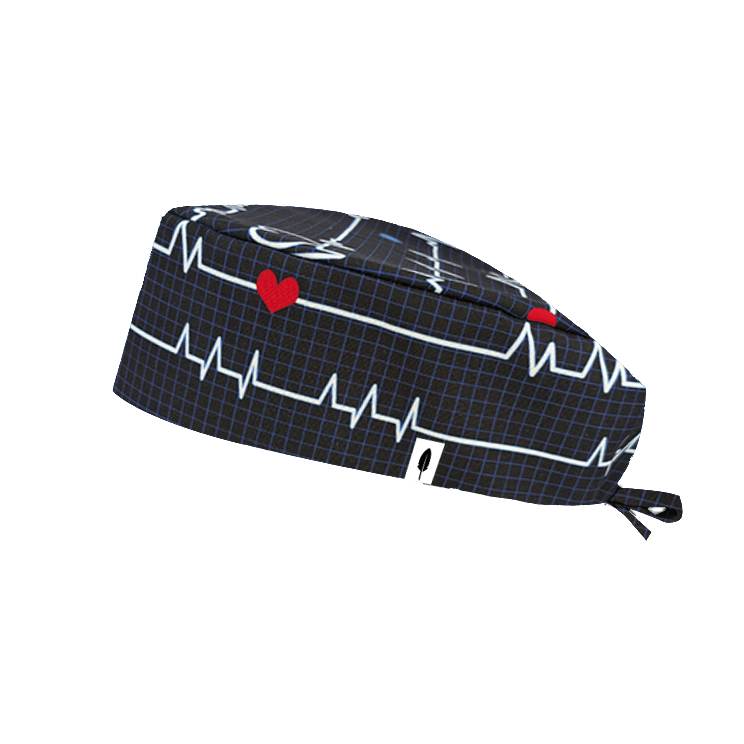 Descubre el gorro quirúrgico ELECTROCARDIOGRAMA, con un diseño de líneas de ECG y corazones. Perfecto para profesionales de la salud que buscan comodidad
