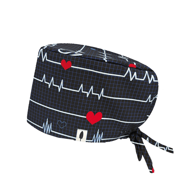 Gorro quirúrgico ELECTROCARDIOGRAMA con diseño de ECG y corazones sobre fondo azul oscuro. Perfecto para profesionales de la salud