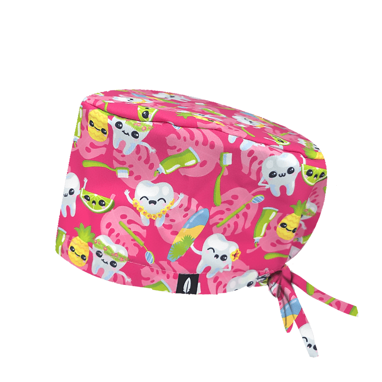 Gorro quirúrgico HAWAI TEETH de Robin Hat con dientes sonrientes en un ambiente tropical hawaiano. Comodidad y diversión para dentistas