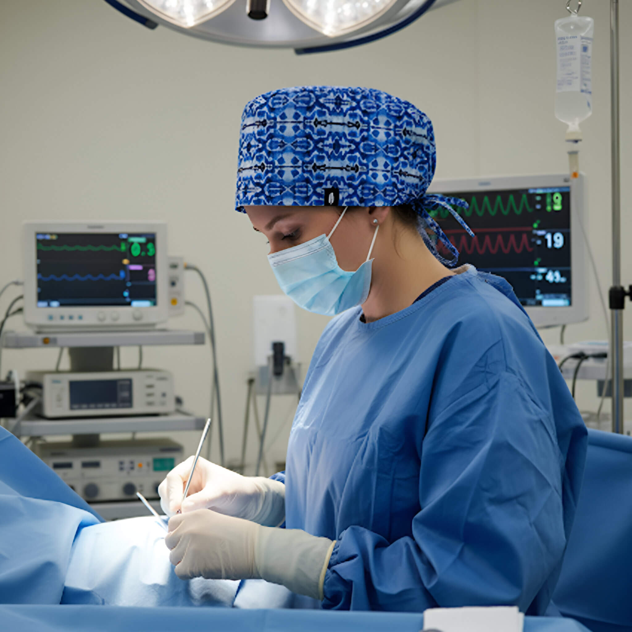 Profesional sanitaria en quirófano con gorro BOHO Robin Hat azul con patrón ornamental bohemio