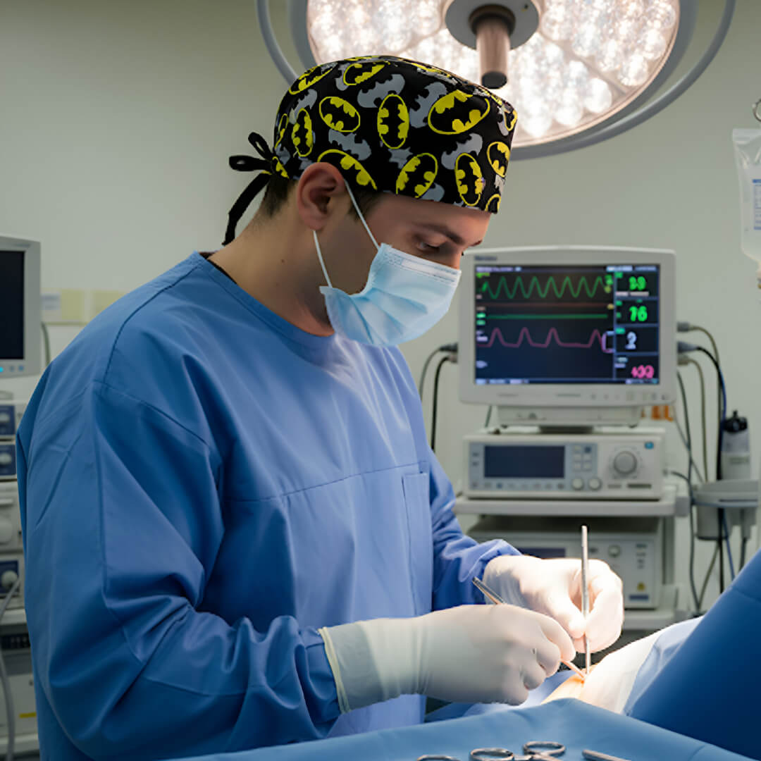 Cirujano en quirófano con gorro BATMAN RETURNS Robin Hat negro con logos amarillos de Batman