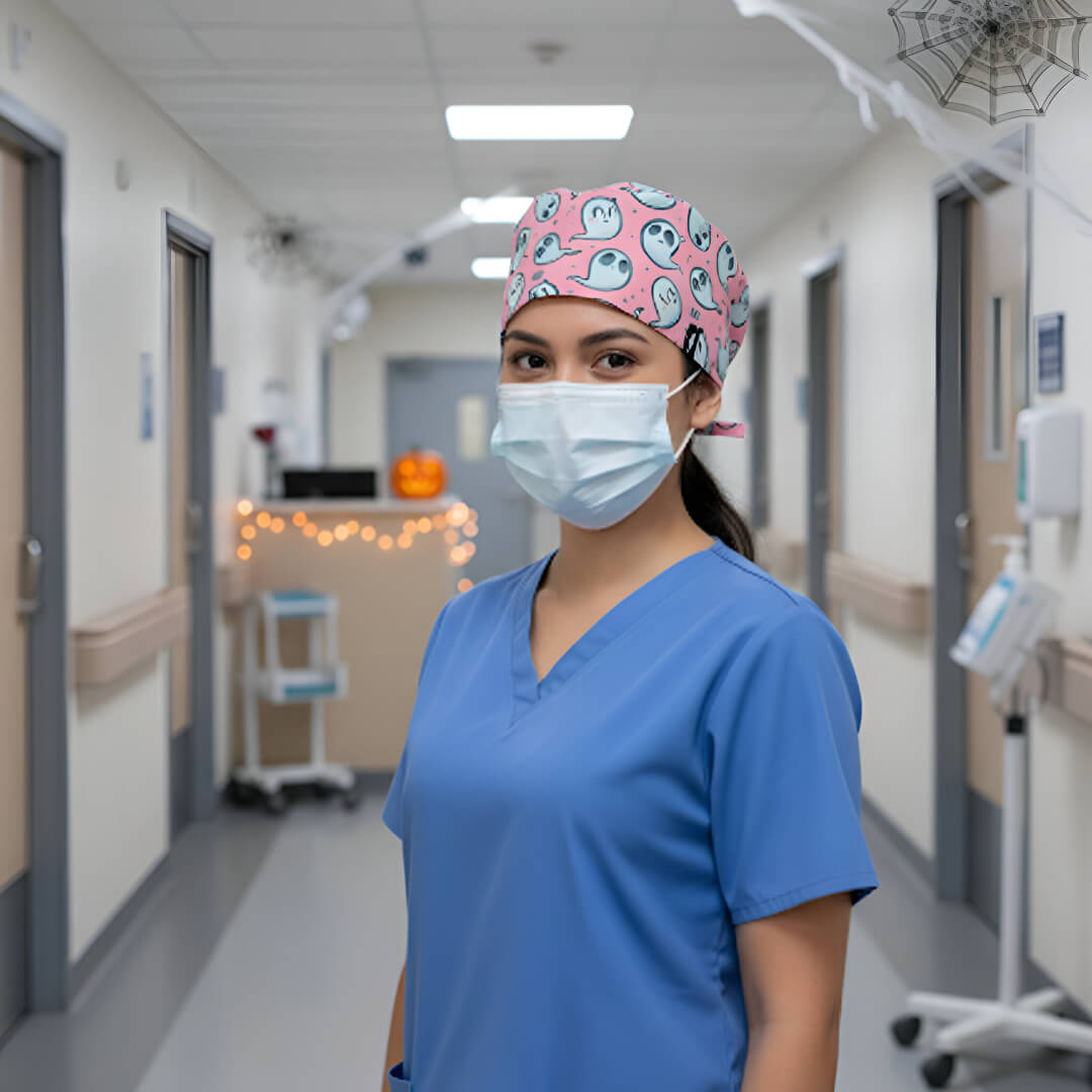 Profesional sanitaria en pasillo hospitalario con gorro Casper Robin Hat rosa con fantasmas blancos