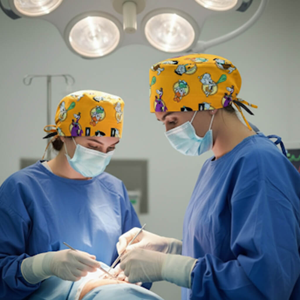 Dos cirujanos en quirófano con gorros FAMILIA PICAPIEDRA amarillos Robin Hat, mascarillas y uniformes azules