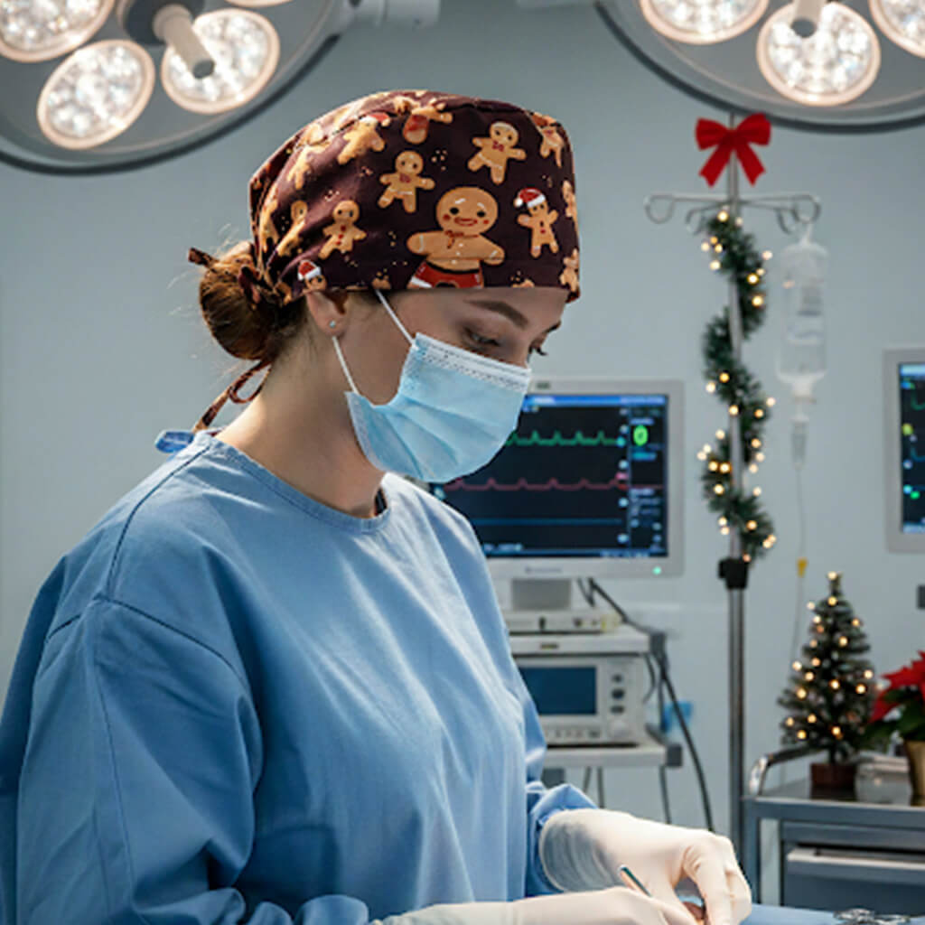 Profesional sanitaria en quirófano con gorro GINGERBREAD Robin Hat negro con galletas de jengibre navideñas
