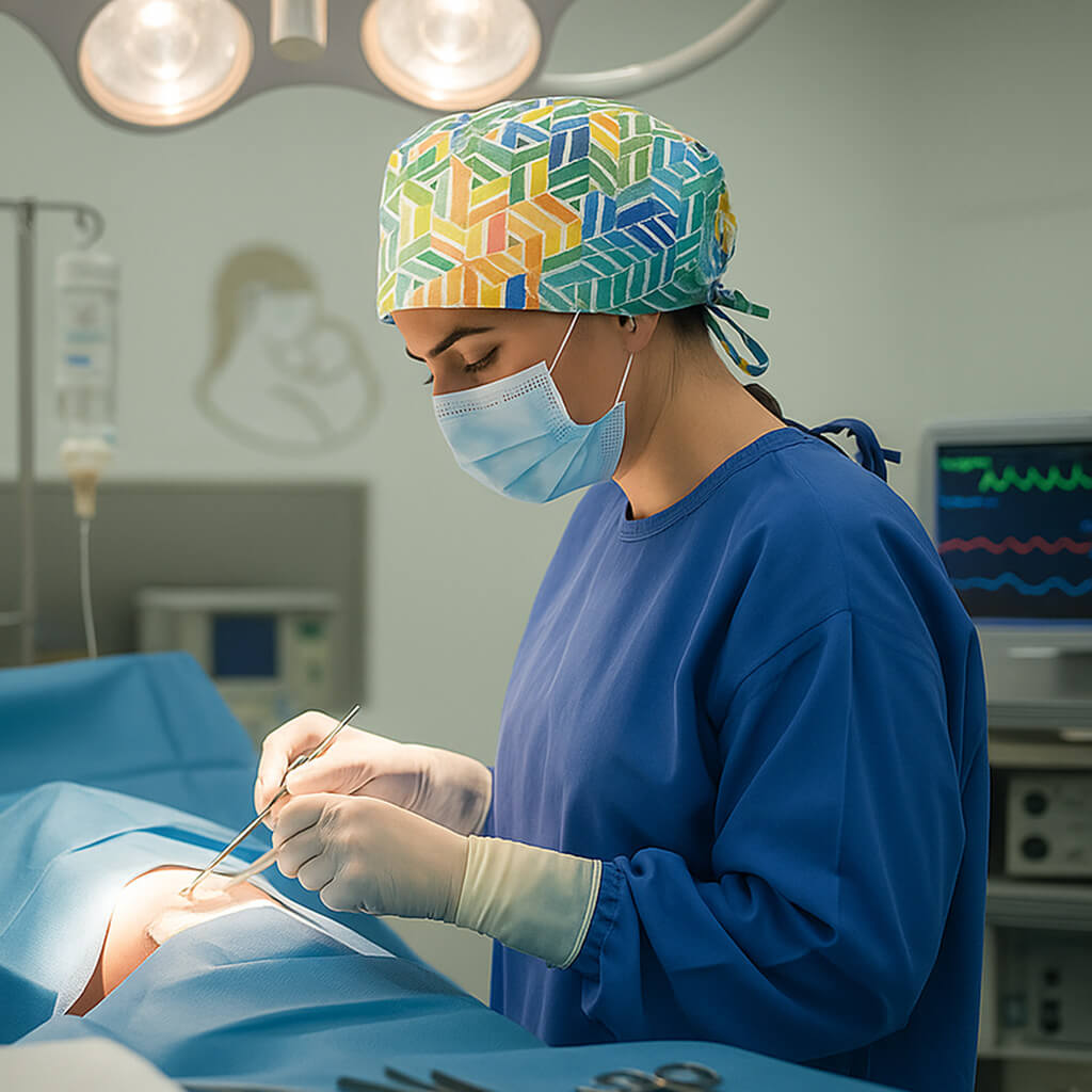 Profesional sanitaria en quirófano con gorro KALEIDOSCOPE Robin Hat con patrón geométrico multicolor