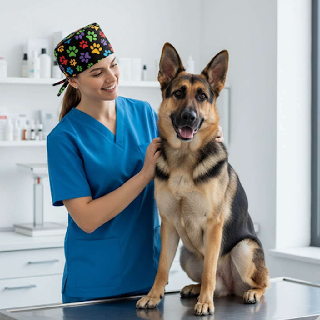 Veterinaria con gorro quirúrgico huellas coloridas Robin Hat junto a Pastor Alemán en clínica veterinaria