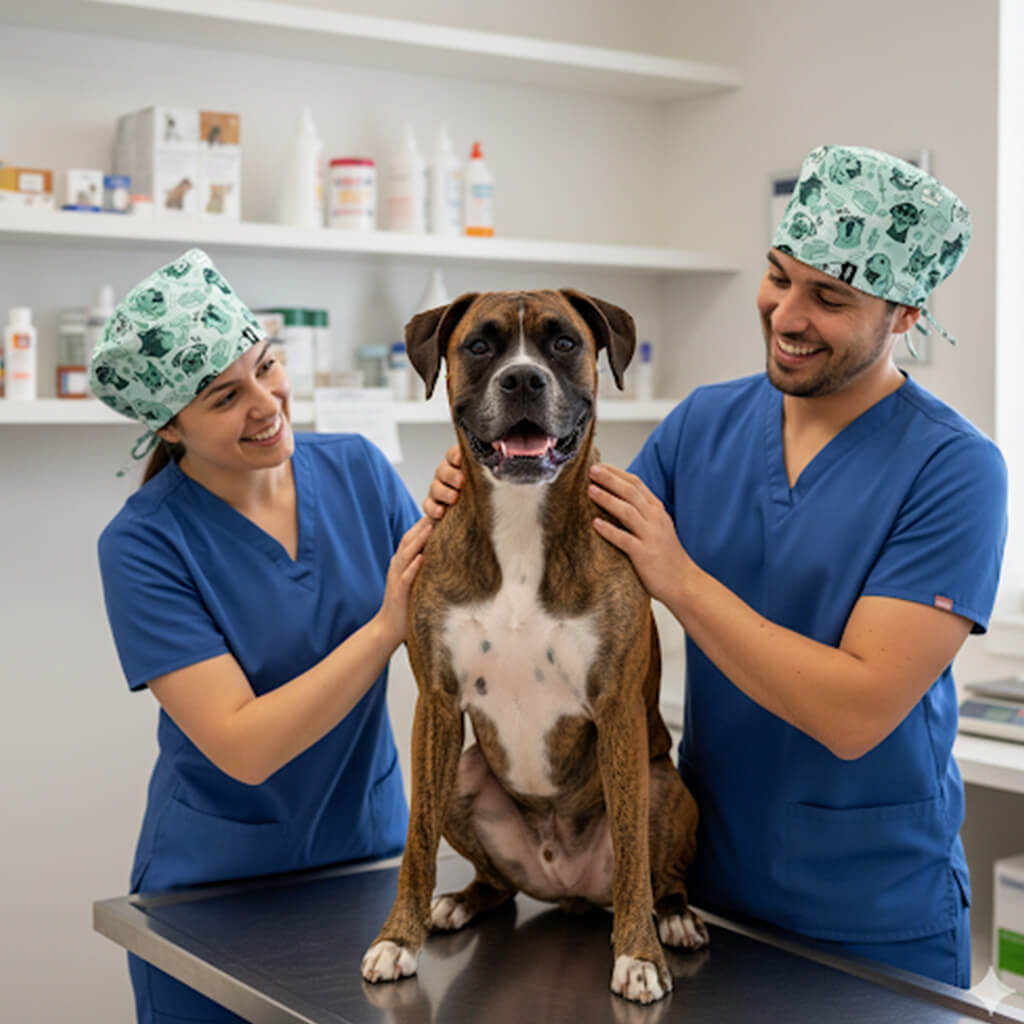Dos veterinarios con uniforme azul y gorros quirúrgicos VET Robin Hat verdes con estampado de perros y gatos