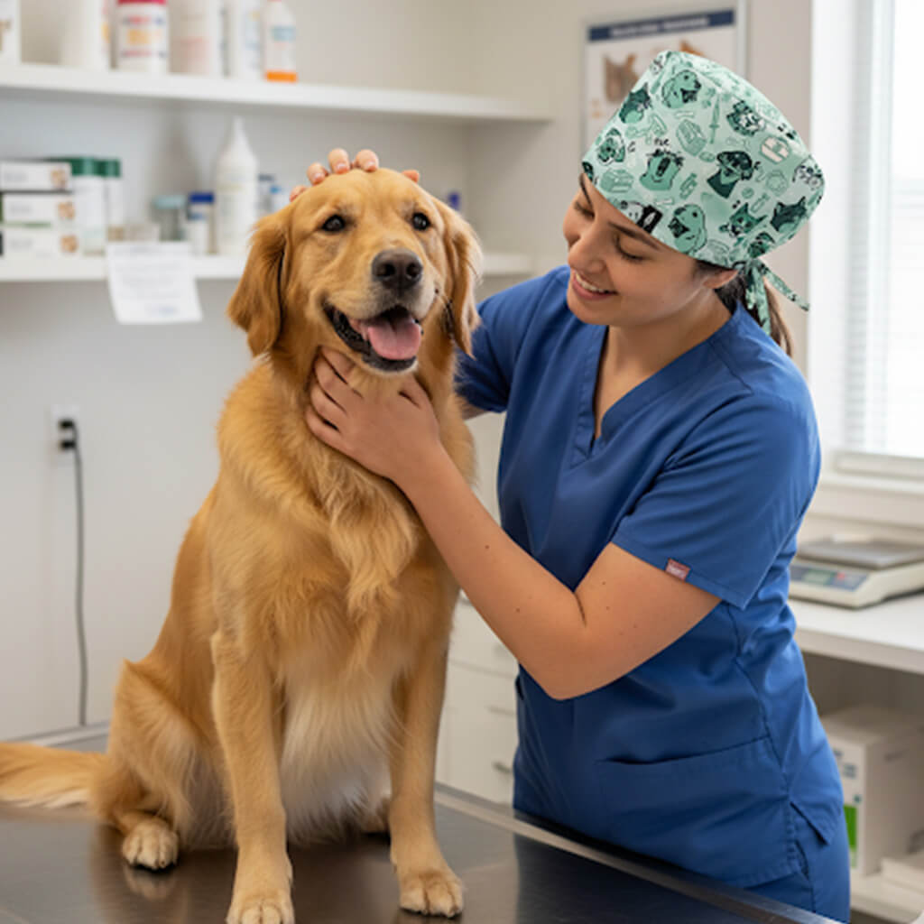 Veterinaria con gorro quirúrgico VET de Robin Hat examinando Golden Retriever en clínica veterinaria