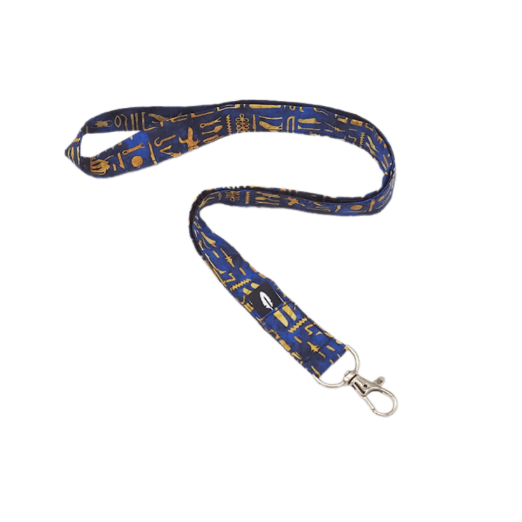 Lanyard NARMER de algodón con diseño inspirado en los jeroglíficos del antiguo Egipto, ideal para profesionales sanitarios.