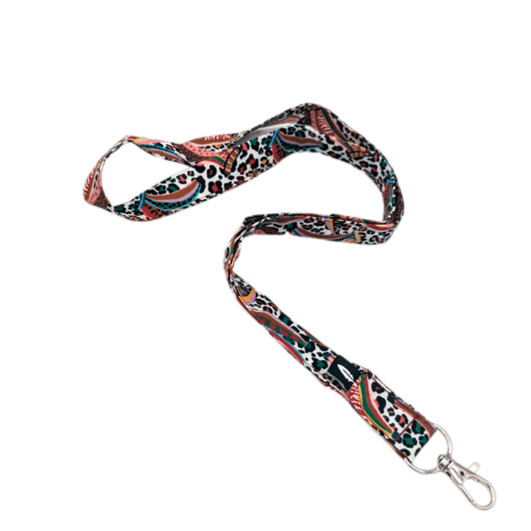 Lanyard SAUVAGE de algodón con un diseño vibrante y salvaje, ideal para profesionales sanitarios.