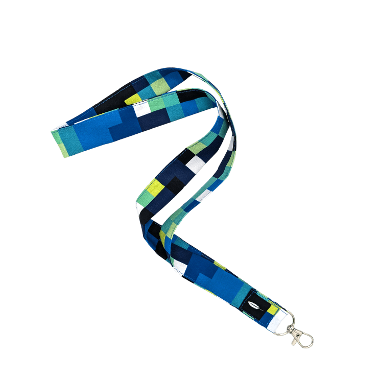 Lanyard PIXELS de Robin Hat, confeccionado en poliéster resistente con un divertido diseño de pixels de colores