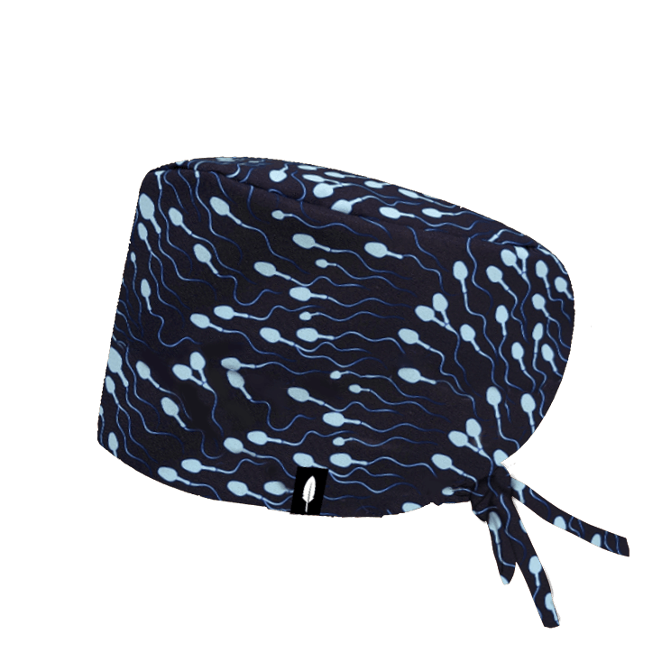 Dale un toque divertido a tu jornada con el gorro de quirófano RUN. Su estampado dinámico está inspirado en el mundo de la ginecología, haciendo referencia a los espermatozoides.