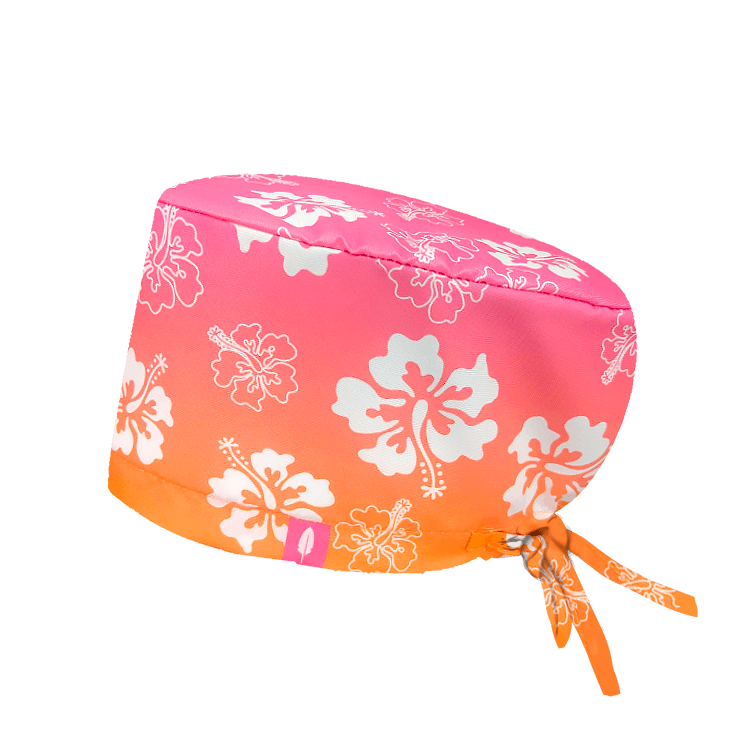 Gorro quirúrgico ALOHA BLOOM de Robin Hat con flores de hibisco. Tejido técnico ideal para quirófano y sala blanca. 