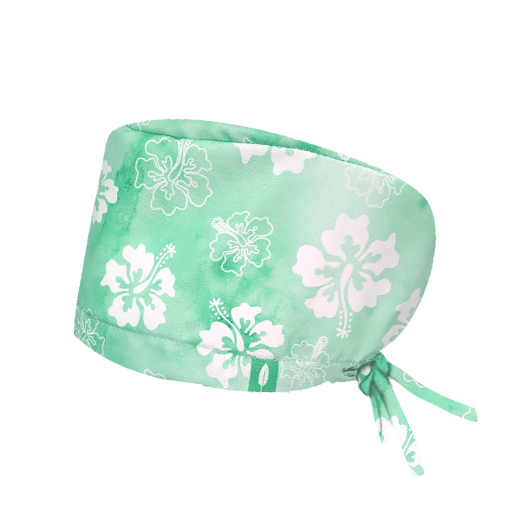 Gorro quirúrgico ALOHA BLOOM de Robin Hat con flores de hibisco. Tejido técnico ideal para quirófano y sala blanca. 