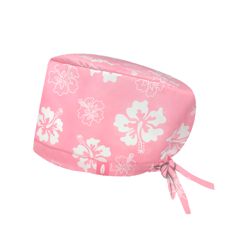 Gorro quirúrgico ALOHA BLOOM de Robin Hat con flores de hibisco. Tejido técnico ideal para quirófano y sala blanca. 