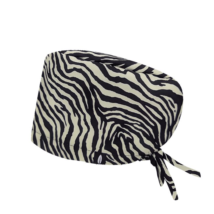 Gorro de quirófano Robin Hat pelo largo con estampado de zebra.