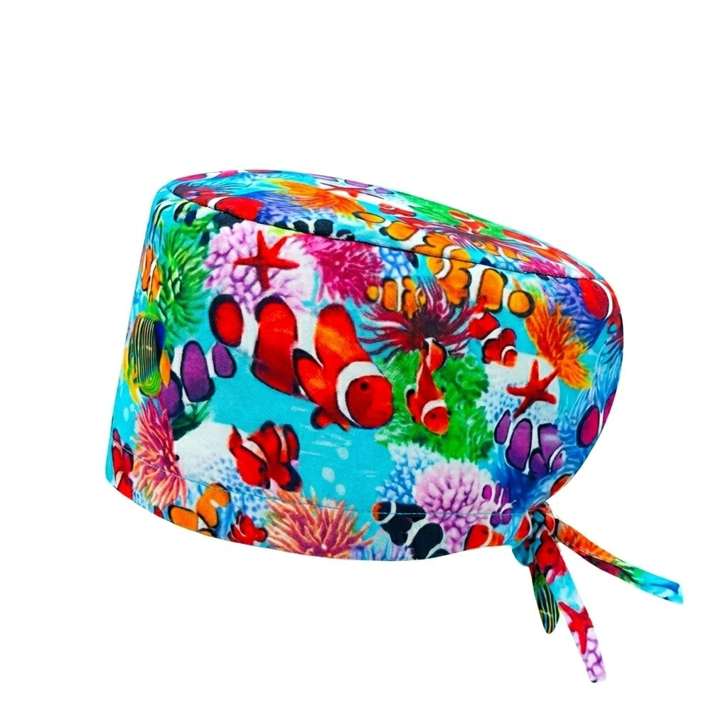 Gorro quirúrgico Robin Hat con peces tropicales para pelo largo.