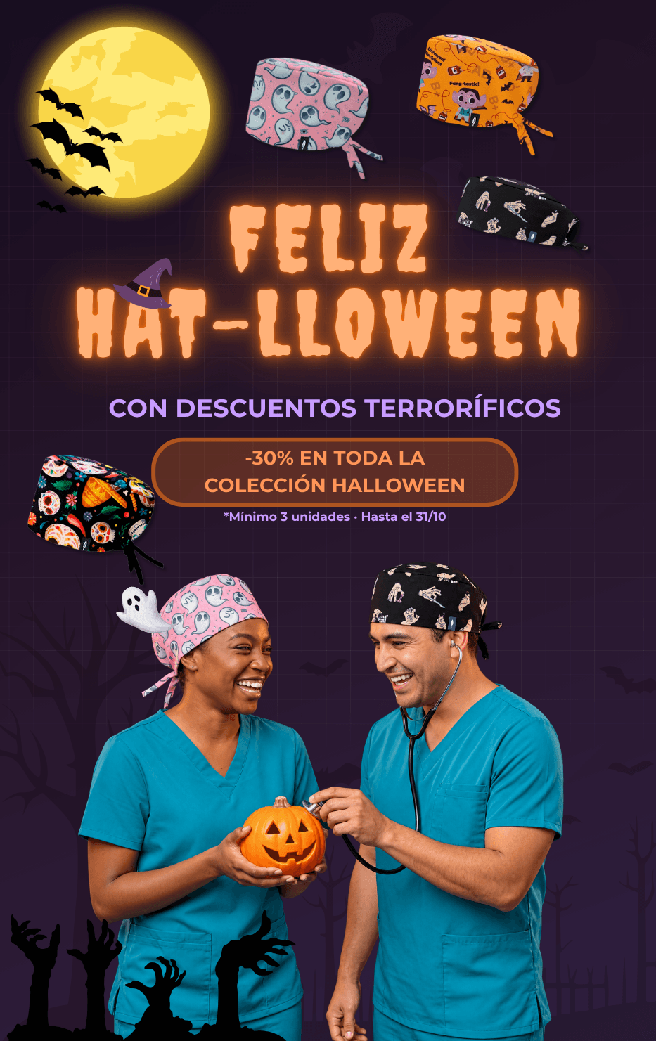 Banner Feliz Hat-lloween de Robin Hat: gorros quirúrgicos de Halloween con calaveras, fantasmas y vampiros, y dos sanitarios con una calabaza. -30 % en toda la colección Halloween, mínimo 3 unidades, hasta el 31 de octubre.